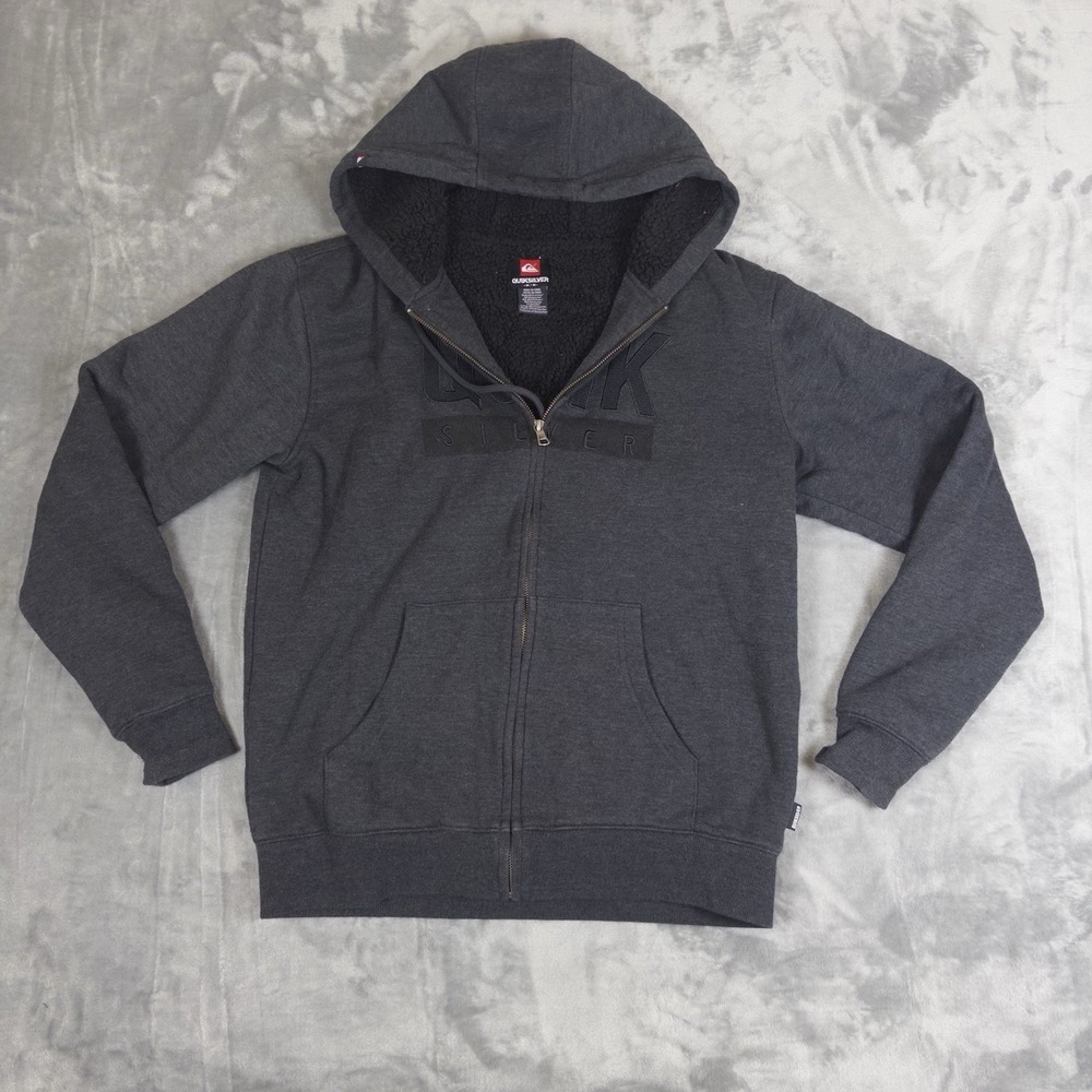 Quiksilver‎ Full Zip Hoodie Mens Medium Gray Sherpa Lined Hood Embroidered Logo
